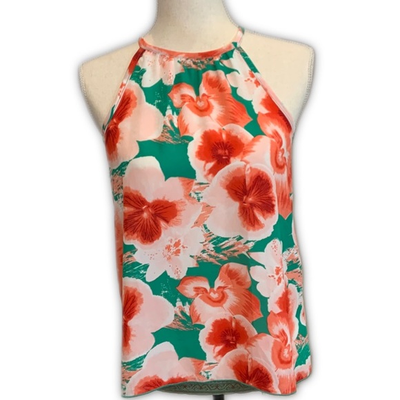 A’gaci silky halter style top with pink red and green floral design and tie neck - Picture 1 of 6